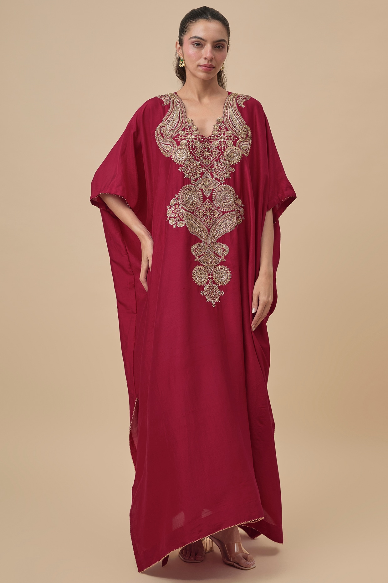Mrunalini Rao Maroon Silk Zardosi Embroidered Kaftan
