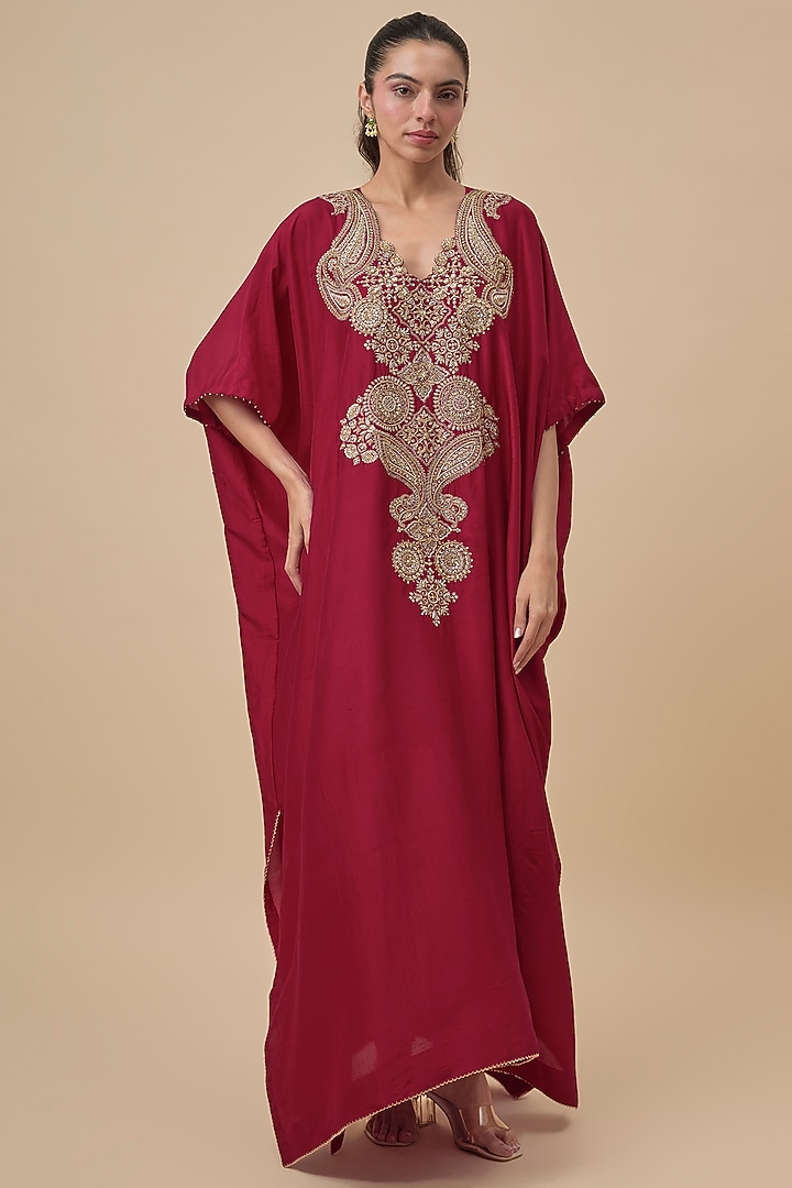 Maroon Silk Zardosi Embroidered Kaftan by Mrunalini Rao at Pernia's Pop Up Shop