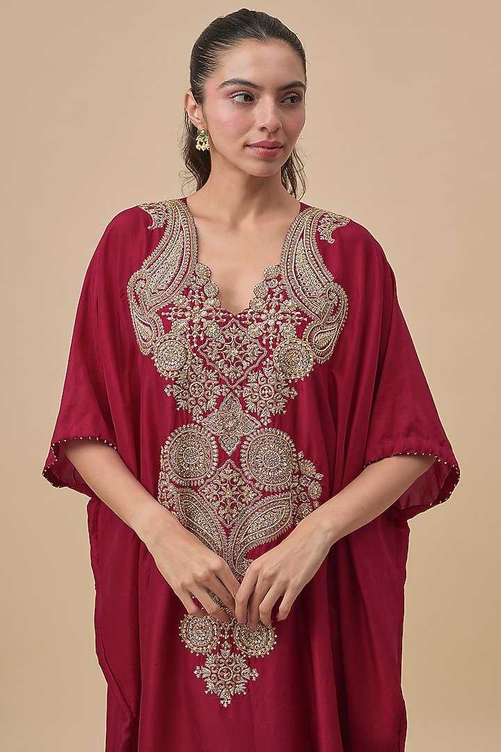 Maroon Silk Zardosi Embroidered Kaftan by Mrunalini Rao at Pernia's Pop Up Shop
