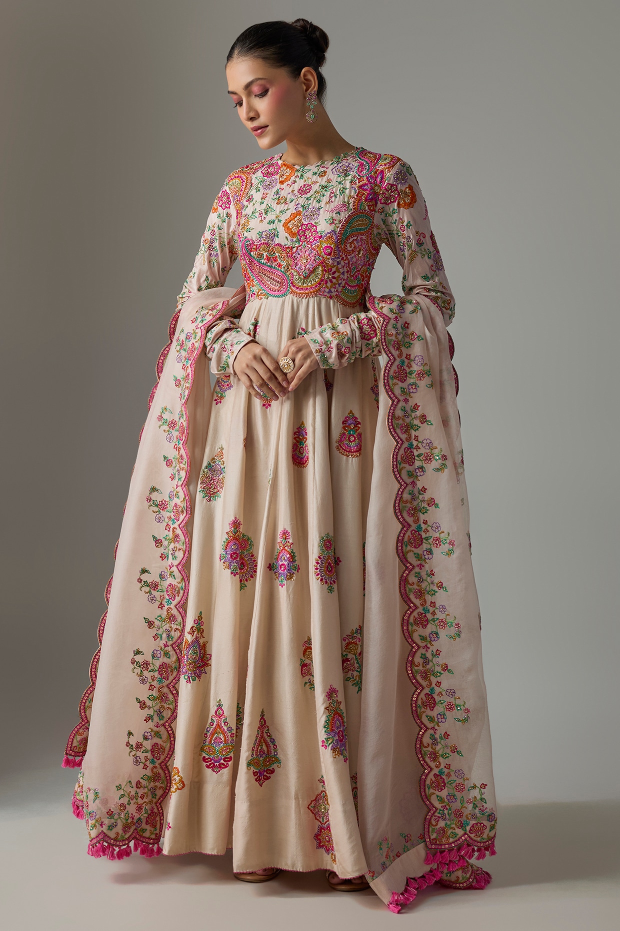 Mrunalini Rao Ivory Silk Resham & Zardosi Embroidered Anarkali Set