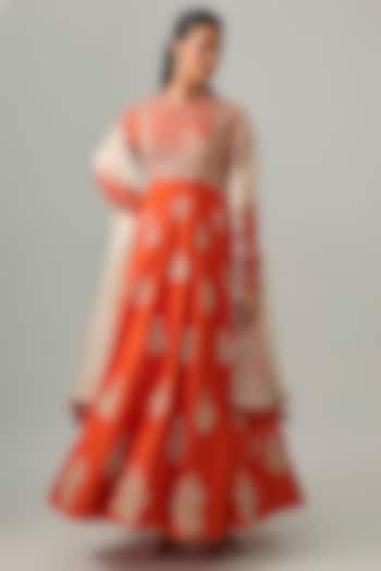 Orange Silk Zardosi Embroidered Bridal Anarkali Set by Mrunalini Rao at Pernia's Pop Up Shop