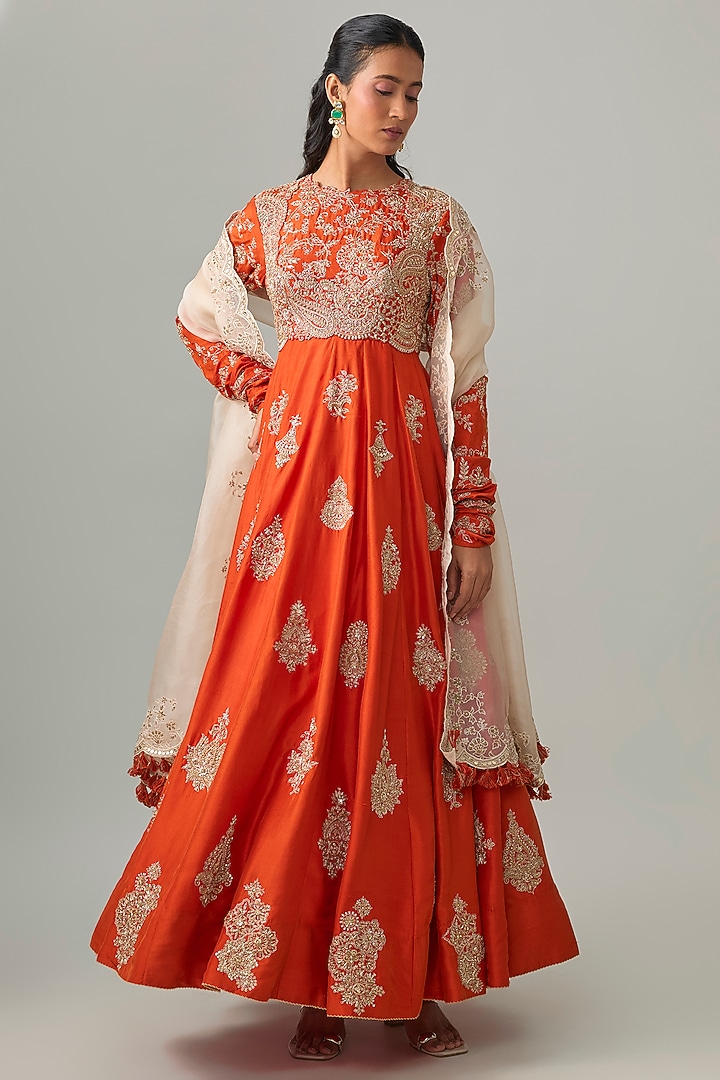 Orange Silk Zardosi Embroidered Bridal Anarkali Set by Mrunalini Rao at Pernia's Pop Up Shop