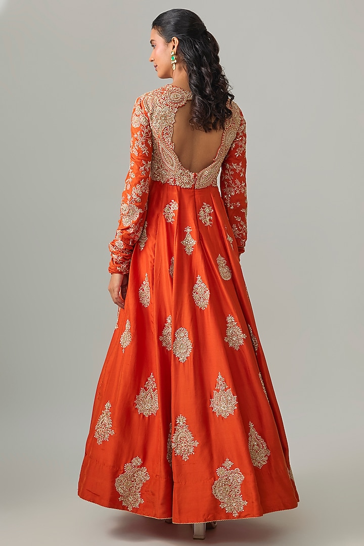 Orange Silk Zardosi Embroidered Bridal Anarkali Set by Mrunalini Rao at Pernia's Pop Up Shop