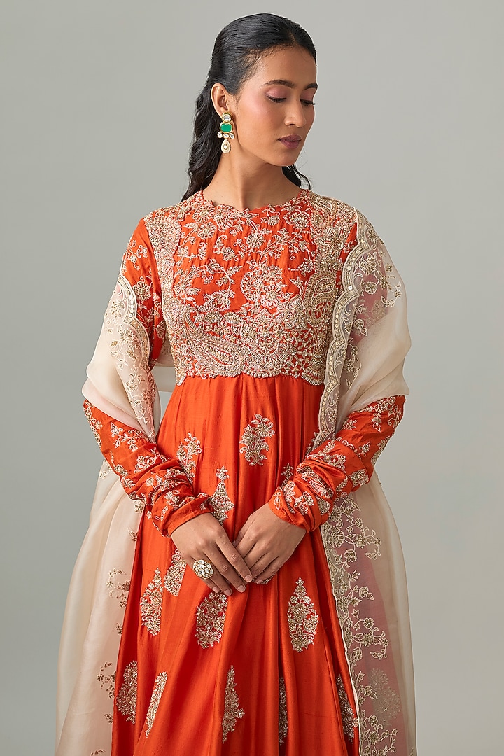 Orange Silk Zardosi Embroidered Bridal Anarkali Set by Mrunalini Rao at Pernia's Pop Up Shop