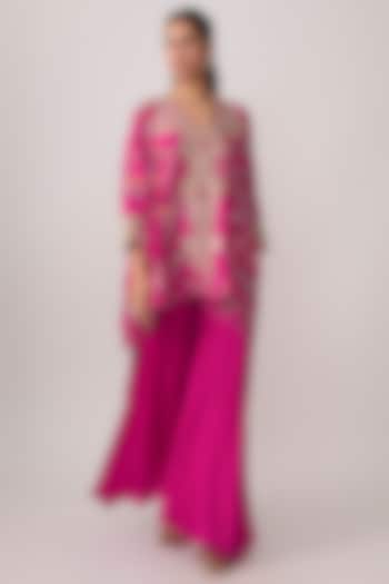 Fuschia Pink Silk Floral Embroidered Kaftan Set by Mrunalini Rao at Pernia's Pop Up Shop