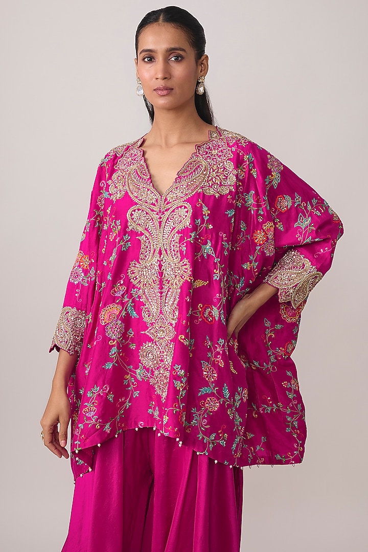 Fuschia Pink Silk Floral Embroidered Kaftan Set by Mrunalini Rao at Pernia's Pop Up Shop