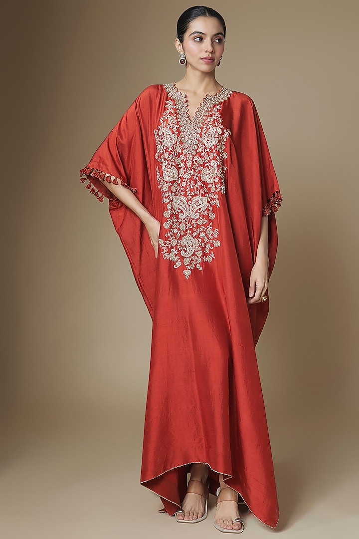 Burnt Orange Silk Kaftan by Mrunalini Rao at Pernia's Pop Up Shop