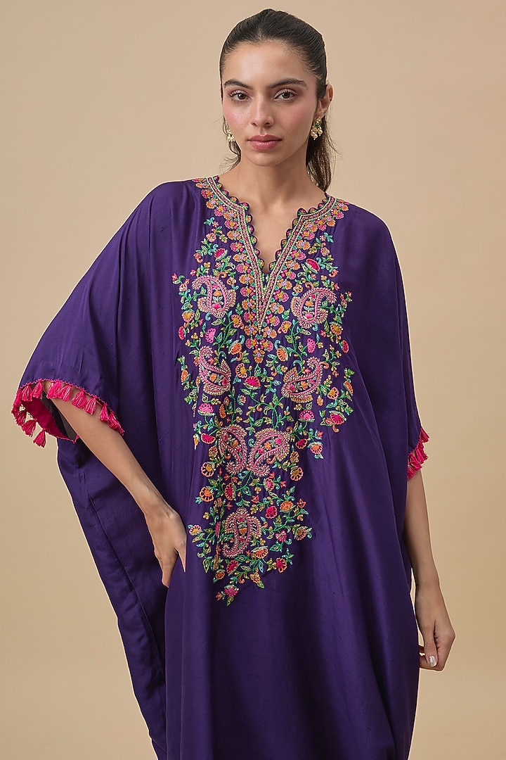 Purple Silk Resham & Zardosi Embroidered Kaftan by Mrunalini Rao at Pernia's Pop Up Shop