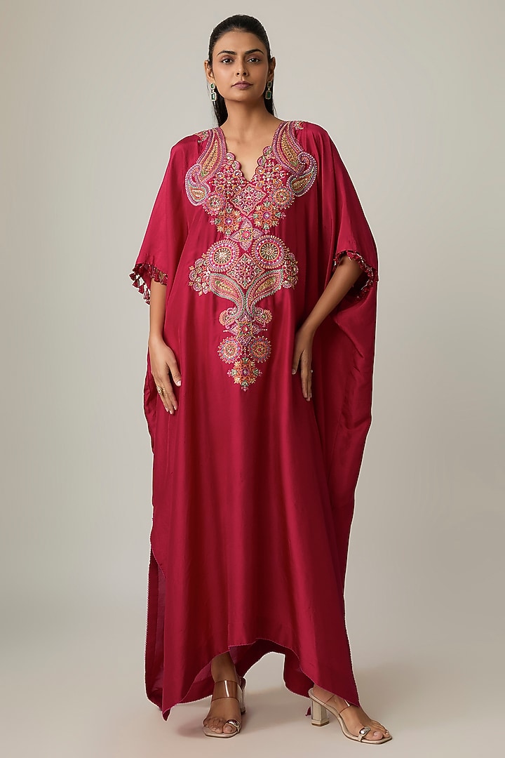 Maroon Silk Zardosi Embroidered Kaftan by Mrunalini Rao at Pernia's Pop Up Shop