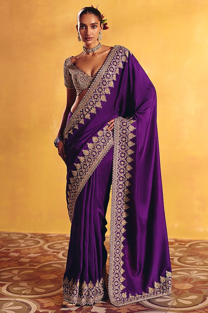 Purple Silk Zardosi Hand Embroidered Bridal Saree Set by Mrunalini Rao at Pernia's Pop Up Shop