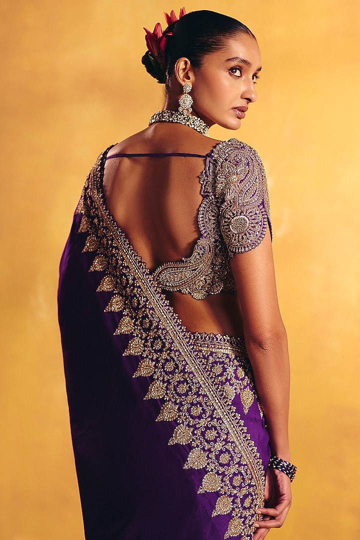 Purple Silk Zardosi Hand Embroidered Bridal Saree Set by Mrunalini Rao at Pernia's Pop Up Shop