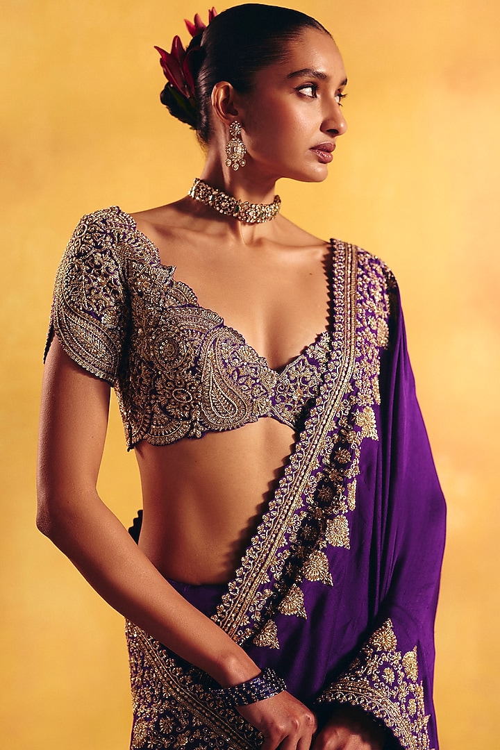 Purple Silk Zardosi Hand Embroidered Bridal Saree Set by Mrunalini Rao at Pernia's Pop Up Shop