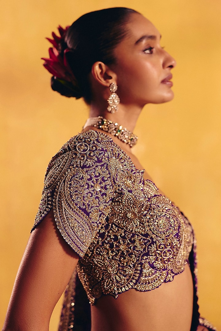 Purple Silk Zardosi Hand Embroidered Bridal Saree Set by Mrunalini Rao at Pernia's Pop Up Shop