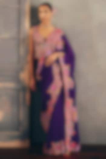 Purple Matka Silk Zardosi Hand Embroidered Bridal Saree Set by Mrunalini Rao at Pernia's Pop Up Shop