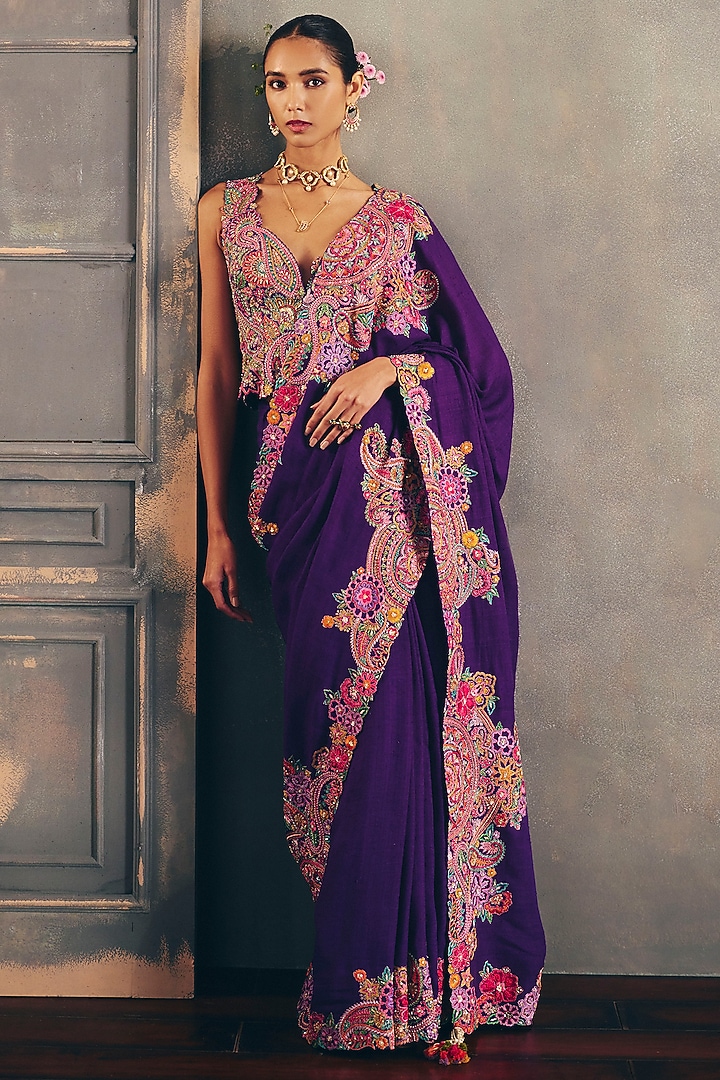 Purple Matka Silk Zardosi Hand Embroidered Bridal Saree Set by Mrunalini Rao at Pernia's Pop Up Shop
