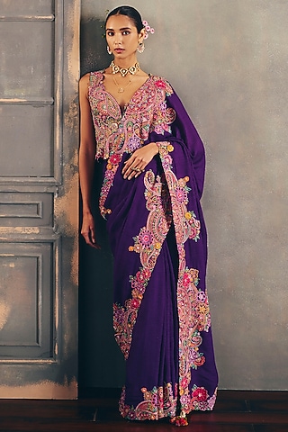 Purple Matka Silk Zardosi Hand Embroidered Saree Set by Mrunalini Rao