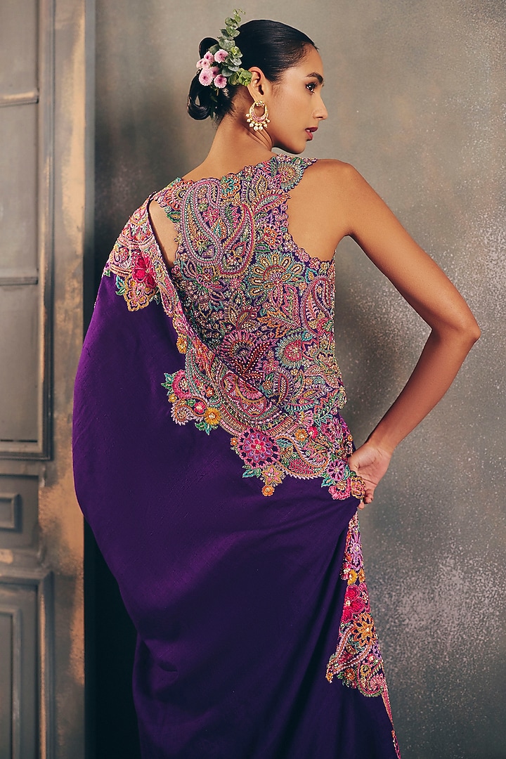 Purple Matka Silk Zardosi Hand Embroidered Bridal Saree Set by Mrunalini Rao at Pernia's Pop Up Shop