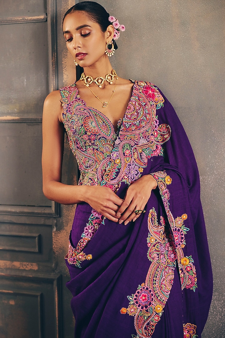 Purple Matka Silk Zardosi Hand Embroidered Bridal Saree Set by Mrunalini Rao at Pernia's Pop Up Shop