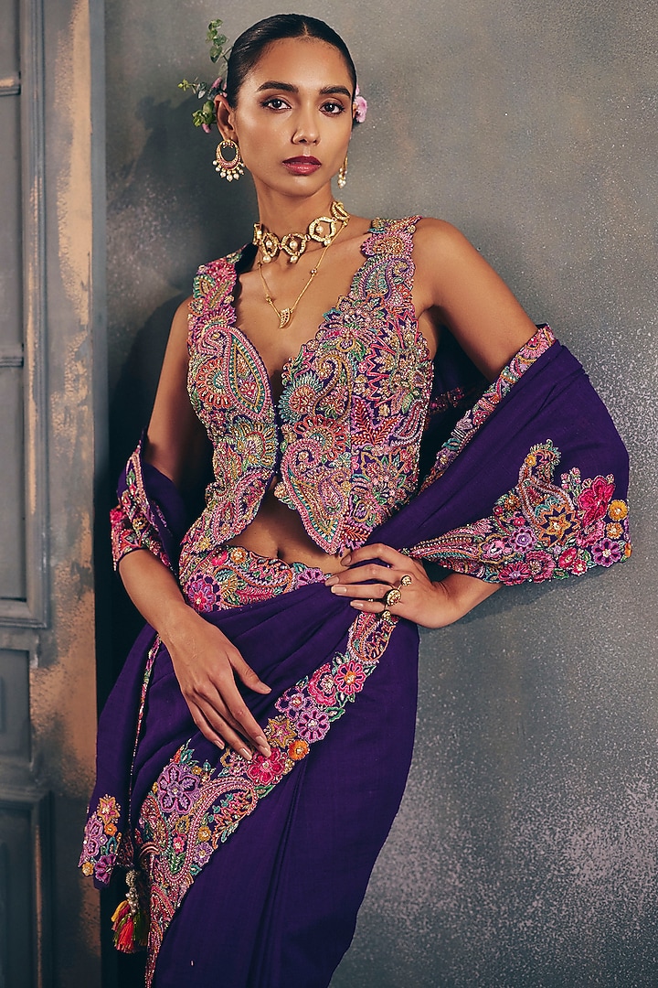 Purple Matka Silk Zardosi Hand Embroidered Bridal Saree Set by Mrunalini Rao at Pernia's Pop Up Shop