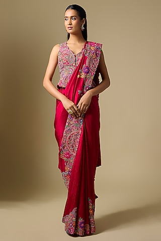 Maroon Matka Silk Floral & Paisley Saree Set by Mrunalini Rao