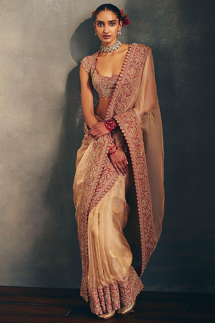 Gold Tissue Floral Jaal & Zardosi Embroidered Bridal Saree Set by Mrunalini Rao at Pernia's Pop Up Shop
