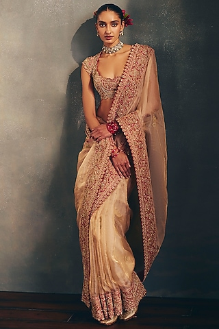 Gold Tissue Floral Jaal & Zardosi Embroidered Saree Set by Mrunalini Rao