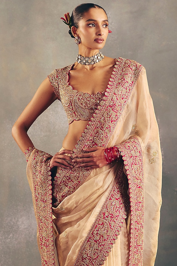 Gold Tissue Floral Jaal & Zardosi Embroidered Bridal Saree Set by Mrunalini Rao at Pernia's Pop Up Shop