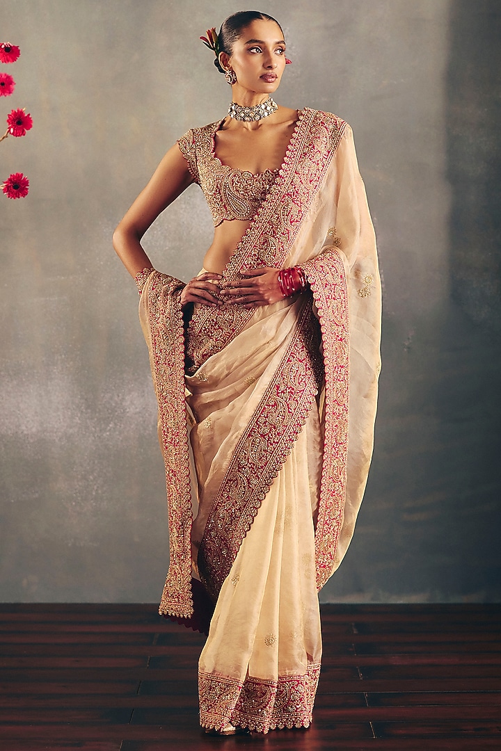 Gold Tissue Floral Jaal & Zardosi Embroidered Bridal Saree Set by Mrunalini Rao at Pernia's Pop Up Shop