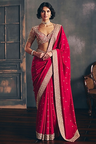 Red Chiniya Silk Zardosi Hand Embroidered Saree Set by Mrunalini Rao
