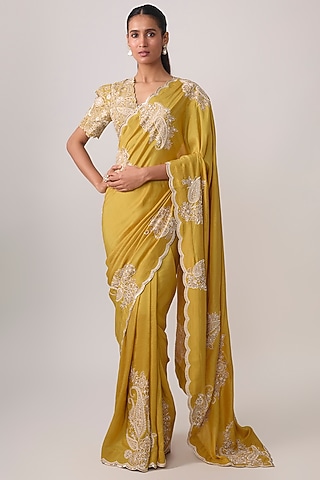 Yellow Silk Floral Embroidered Saree Set by Mrunalini Rao