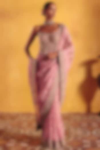 Pastel Pink Organza Floral Jaal & Pearl Embroidered Bridal Saree Set by Mrunalini Rao at Pernia's Pop Up Shop