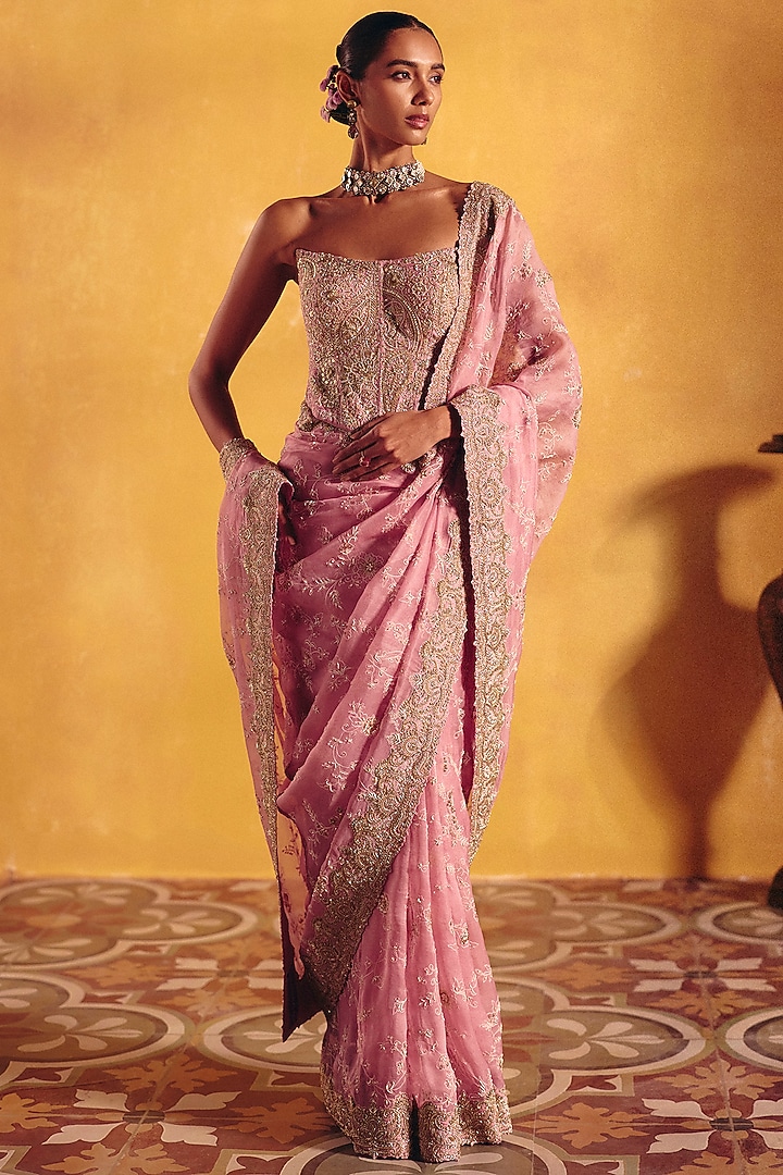Pastel Pink Organza Floral Jaal & Pearl Embroidered Bridal Saree Set by Mrunalini Rao at Pernia's Pop Up Shop