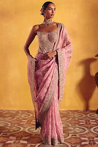 Pastel Pink Organza Floral Jaal & Pearl Embroidered Saree Set by Mrunalini Rao