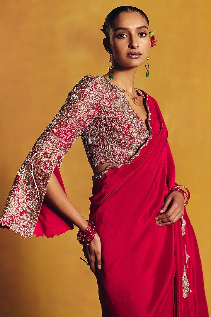 Red Raw Silk Zardosi Embroidered Reception Saree Set by Mrunalini Rao at Pernia's Pop Up Shop