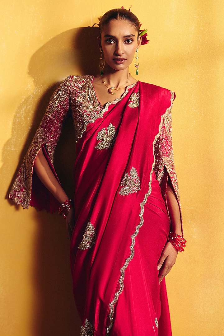 Red Raw Silk Zardosi Embroidered Reception Saree Set by Mrunalini Rao at Pernia's Pop Up Shop