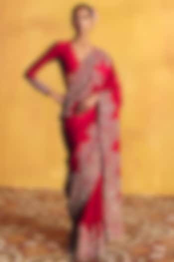 Red Silk Zardosi Hand Embroidered Bridal Saree Set by Mrunalini Rao at Pernia's Pop Up Shop