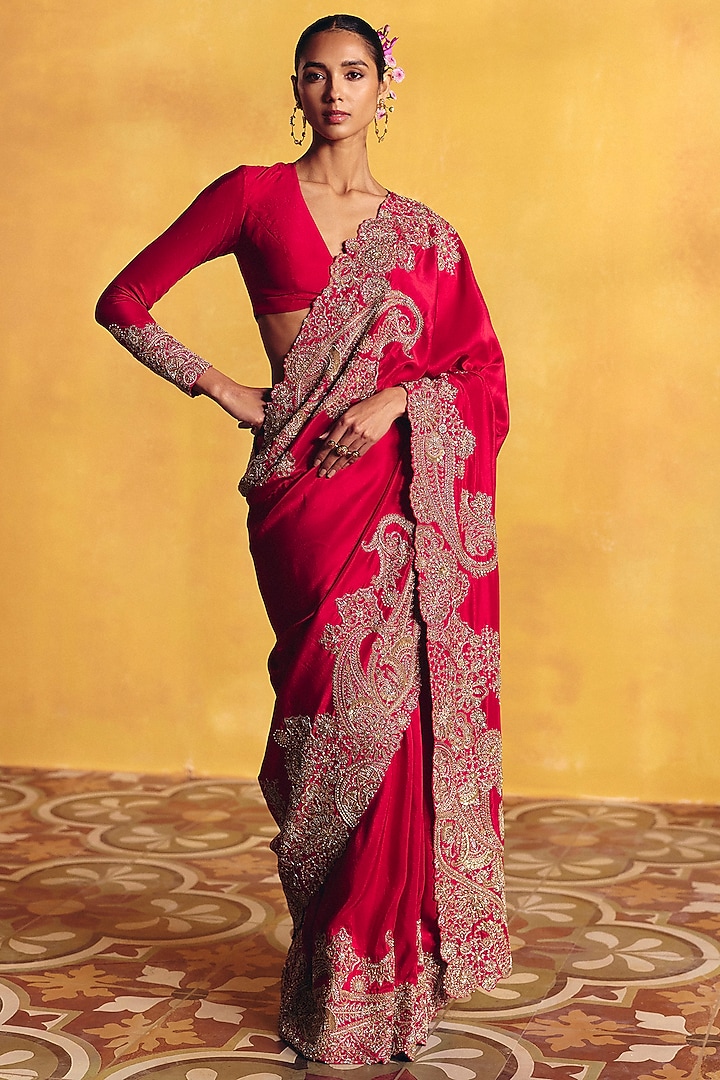Red Silk Zardosi Hand Embroidered Bridal Saree Set by Mrunalini Rao at Pernia's Pop Up Shop