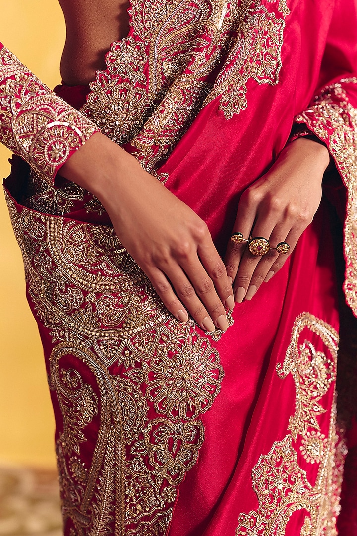 Red Silk Zardosi Hand Embroidered Bridal Saree Set by Mrunalini Rao at Pernia's Pop Up Shop