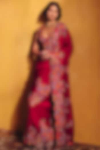 Maroon Silk Floral & Zardosi Embroidered Bridal Saree Set by Mrunalini Rao at Pernia's Pop Up Shop