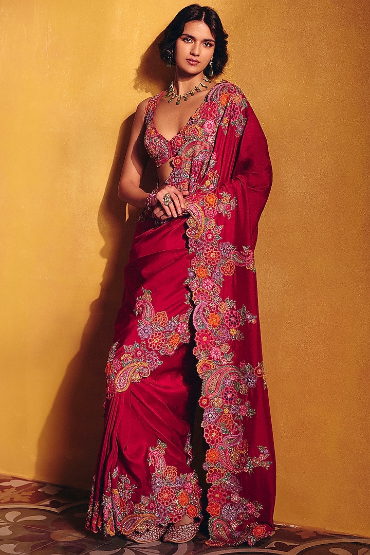Maroon Silk Floral & Zardosi Embroidered Bridal Saree Set by Mrunalini Rao at Pernia's Pop Up Shop