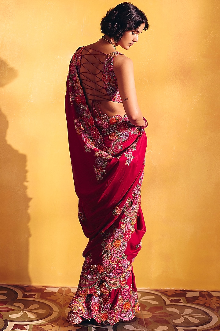 Maroon Silk Floral & Zardosi Embroidered Bridal Saree Set by Mrunalini Rao at Pernia's Pop Up Shop