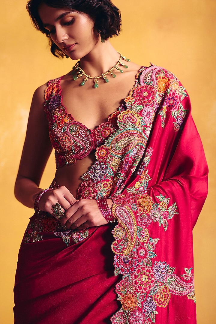 Maroon Silk Floral & Zardosi Embroidered Bridal Saree Set by Mrunalini Rao at Pernia's Pop Up Shop