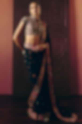 Black Georgette Floral Motif & Zardosi Embroidered Bridal Saree Set by Mrunalini Rao at Pernia's Pop Up Shop