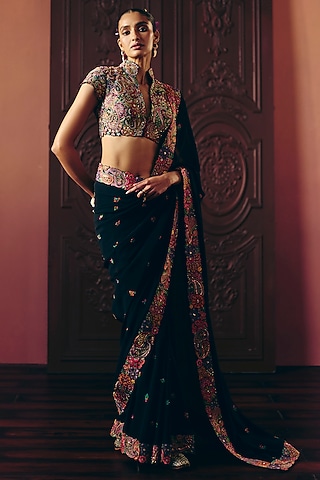 Black Georgette Floral Motif & Zardosi Embroidered Saree Set by Mrunalini Rao