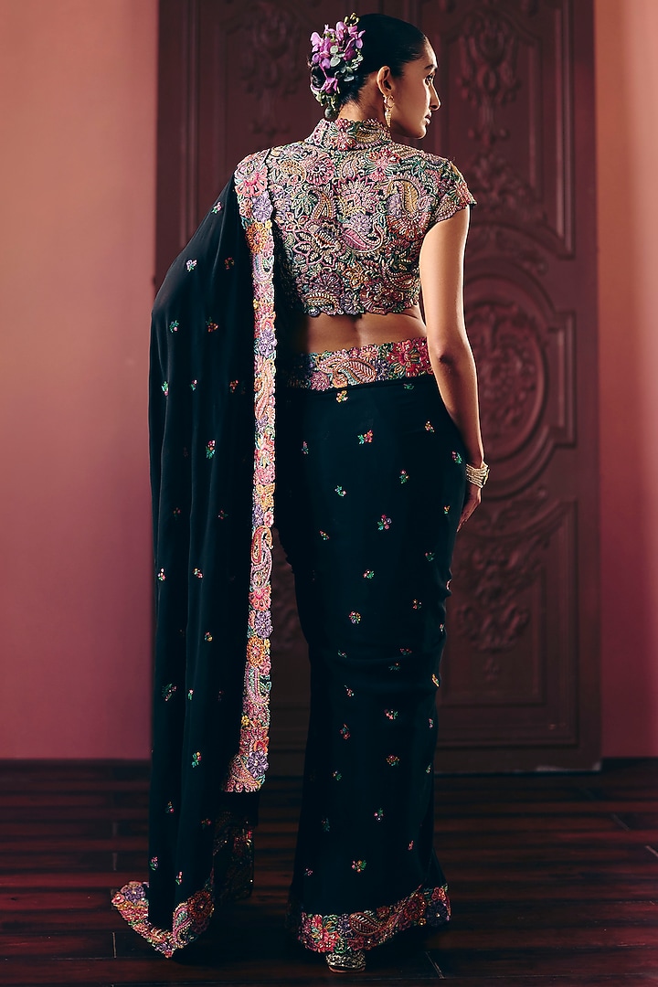 Black Georgette Floral Motif & Zardosi Embroidered Bridal Saree Set by Mrunalini Rao at Pernia's Pop Up Shop