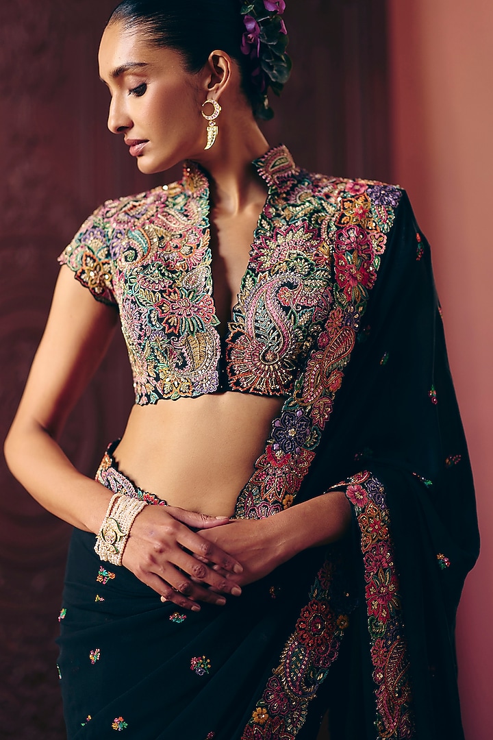 Black Georgette Floral Motif & Zardosi Embroidered Bridal Saree Set by Mrunalini Rao at Pernia's Pop Up Shop
