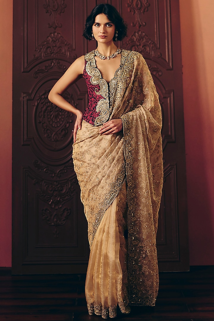 Gold Tissue Floral Jaal Embroidered Bridal Saree Set by Mrunalini Rao at Pernia's Pop Up Shop