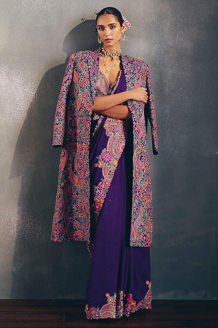 Purple Raw Silk Resham & Zardosi Embroidered Trench Coat by Mrunalini Rao at Pernia's Pop Up Shop