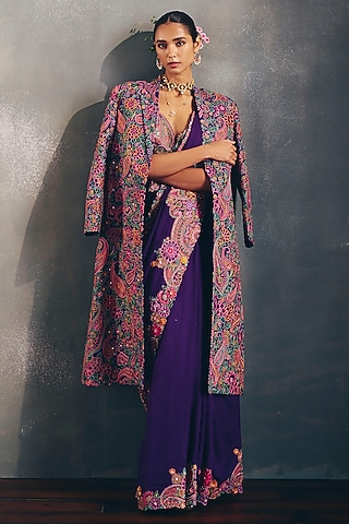 Purple Raw Silk Resham & Zardosi Embroidered Trench Coat by Mrunalini Rao