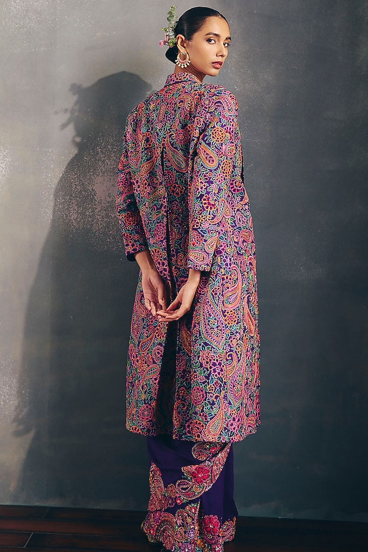 Purple Raw Silk Resham & Zardosi Embroidered Trench Coat by Mrunalini Rao at Pernia's Pop Up Shop